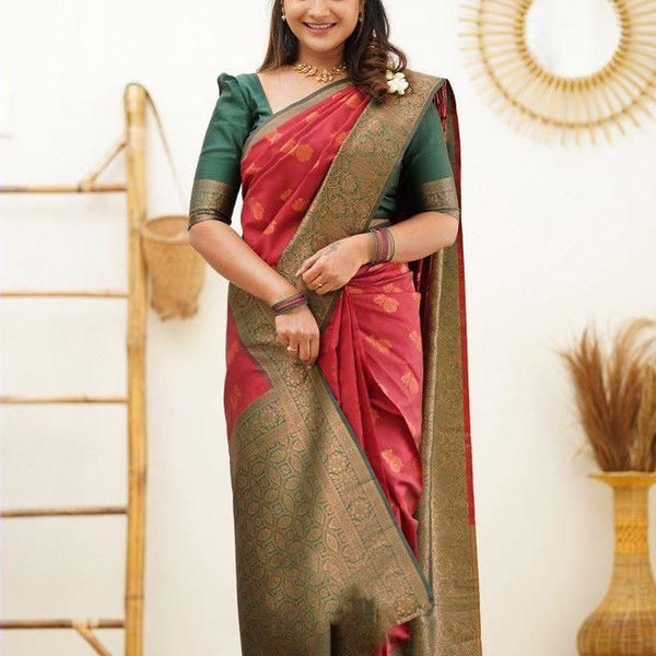 NOZ2TOZ Jacquard Lichi Silk Red Saree With Unstitched Blouse Piece - Distacart