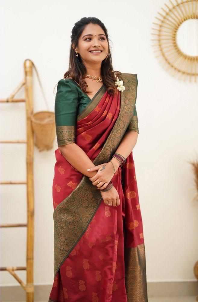 NOZ2TOZ Jacquard Lichi Silk Red Saree With Unstitched Blouse Piece - Distacart
