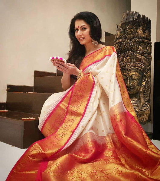 NOZ2TOZ Jacquard Lichi Silk White Saree With Unstitched Blouse Piece - Distacart