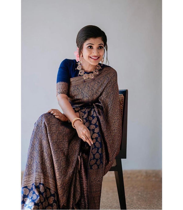 NOZ2TOZ Jacquard Lichi Silk Navy Blue Saree With Unstitched Blouse Piece - Distacart