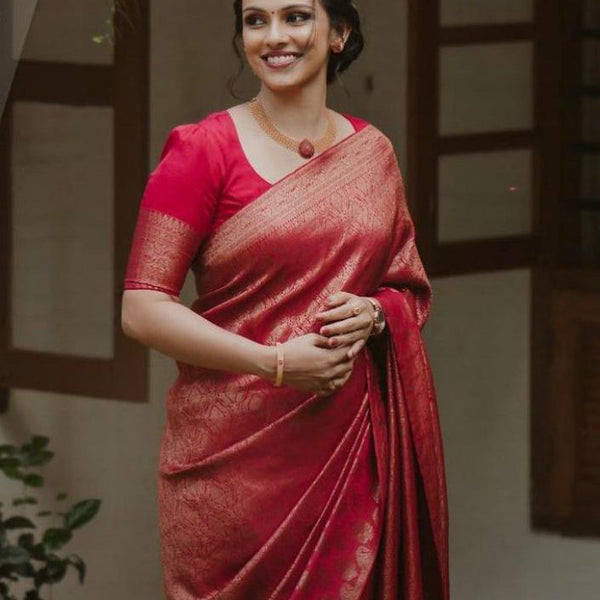 NOZ2TOZ Jacquard Lichi Silk Red Saree With Unstitched Blouse Piece - Distacart