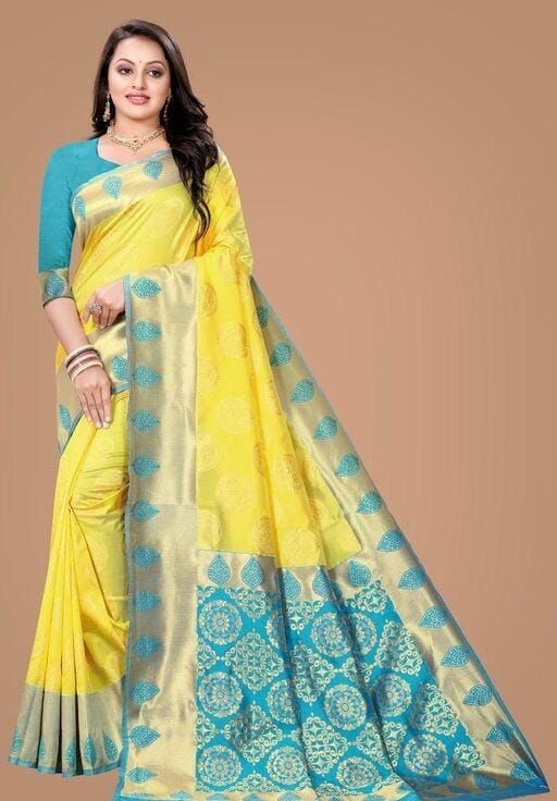 NOZ2TOZ Jacquard Lichi Silk Yellow Saree With Unstitched Blouse Piece - Distacart