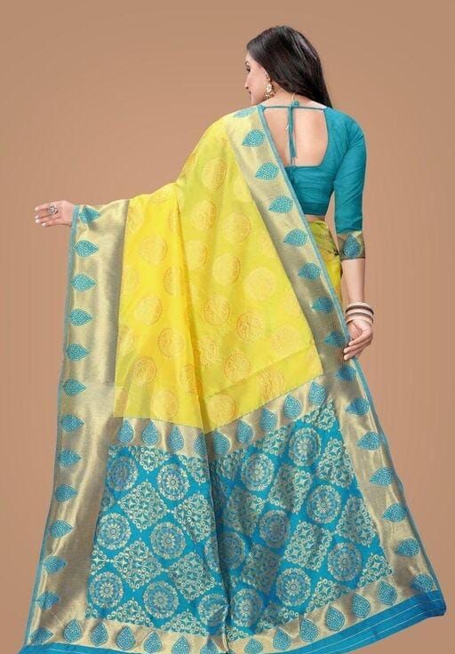 NOZ2TOZ Jacquard Lichi Silk Yellow Saree With Unstitched Blouse Piece - Distacart