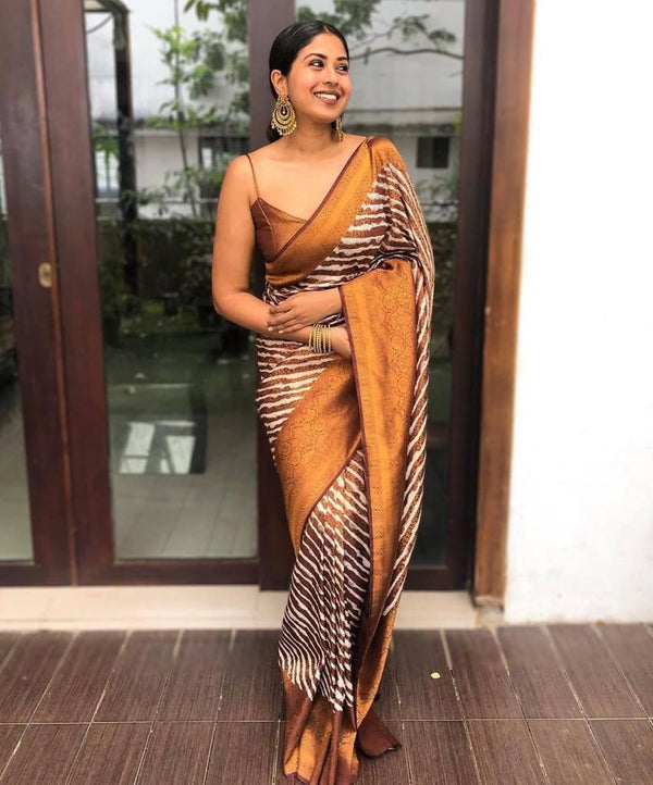 NOZ2TOZ Jacquard Lichi Silk Brown Saree With Unstitched Blouse Piece - Distacart