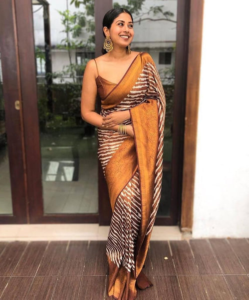 NOZ2TOZ Jacquard Lichi Silk Brown Saree With Unstitched Blouse Piece - Distacart