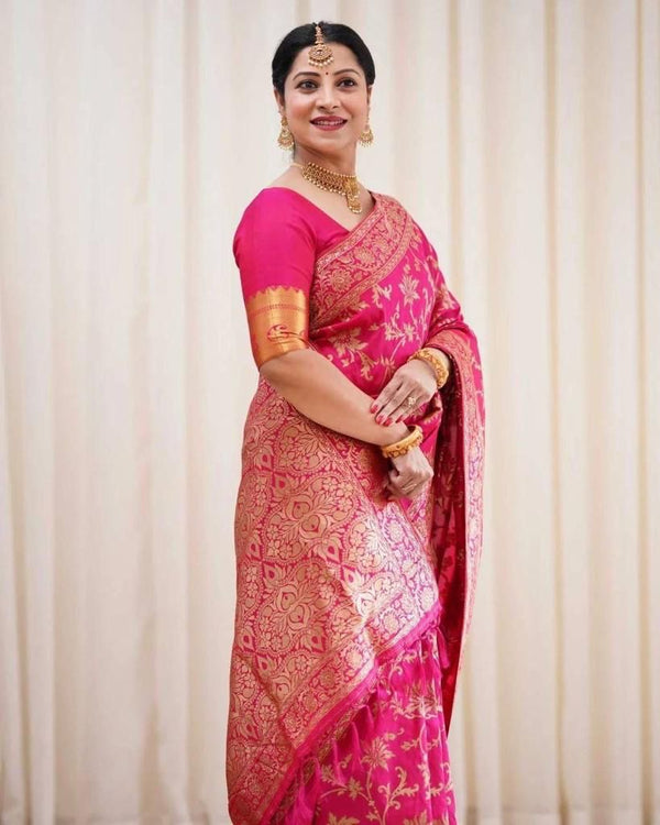 Malishka Jacquard Lichi Silk Pink Saree With Unstitched Blouse Piece - Distacart