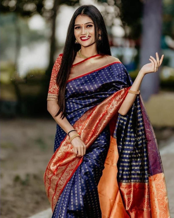 NOZ2TOZ Jacquard Lichi Silk Blue Saree With Unstitched Blouse Piece - Distacart