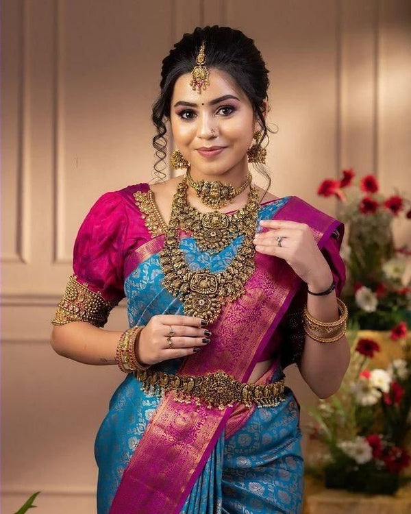 NOZ2TOZ Jacquard Lichi Silk Sky Blue Saree With Unstitched Blouse Piece - Distacart
