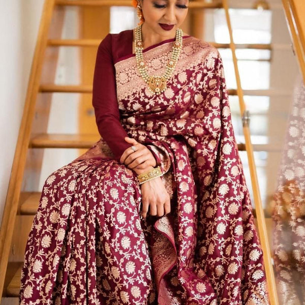 NOZ2TOZ Jacquard Lichi Silk Maroon Saree With Unstitched Blouse Piece - Distacart