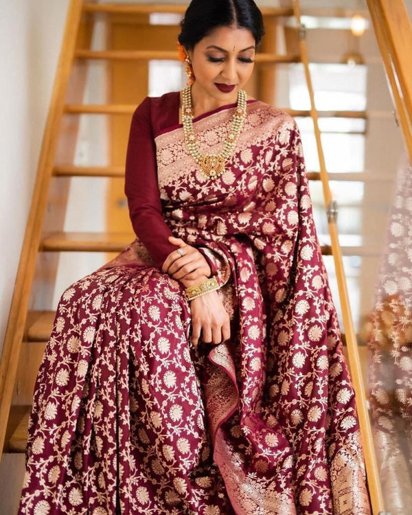 NOZ2TOZ Jacquard Lichi Silk Maroon Saree With Unstitched Blouse Piece - Distacart