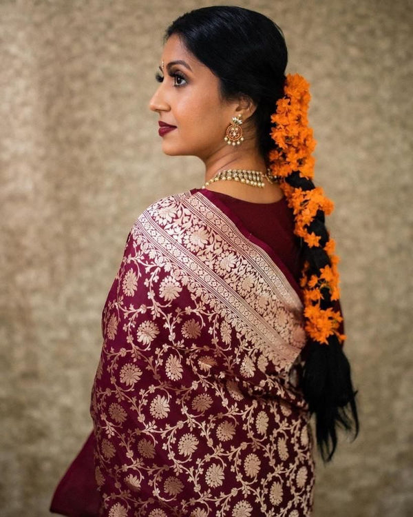 NOZ2TOZ Jacquard Lichi Silk Maroon Saree With Unstitched Blouse Piece - Distacart