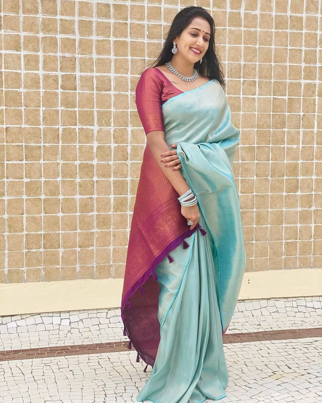 Malishka Jacquard Lichi Silk Sky Blue Saree With Unstitched Blouse Piece - Distacart