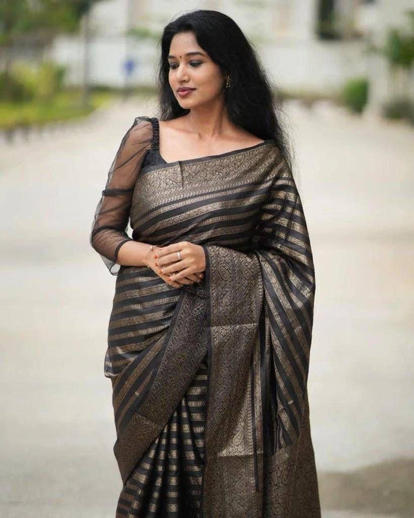 Malishka Jacquard Lichi Silk Black Saree With Unstitched Blouse Piece - Distacart