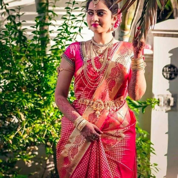 NOZ2TOZ Jacquard Lichi Silk Pink Saree With Unstitched Blouse Piece - Distacart