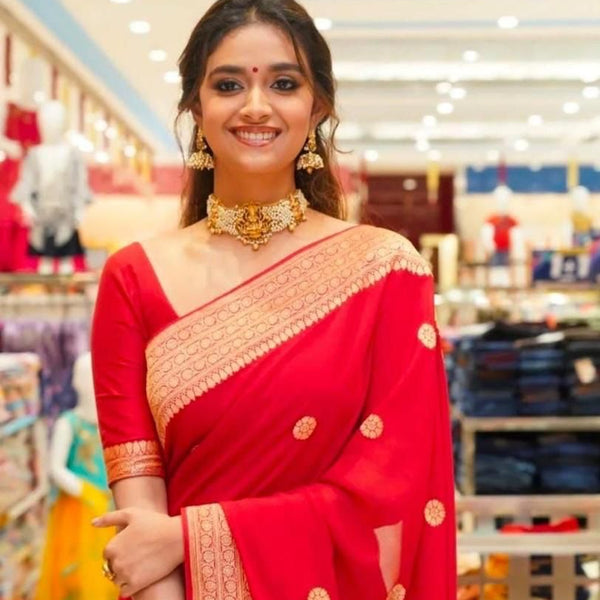 NOZ2TOZ Jacquard Lichi Silk Red Saree With Unstitched Blouse Piece - Distacart