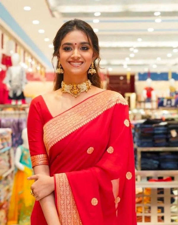 NOZ2TOZ Jacquard Lichi Silk Red Saree With Unstitched Blouse Piece - Distacart