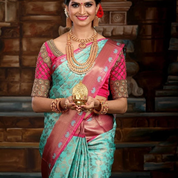 NOZ2TOZ Jacquard Lichi Silk Sky Blue Saree With Unstitched Blouse Piece - Distacart