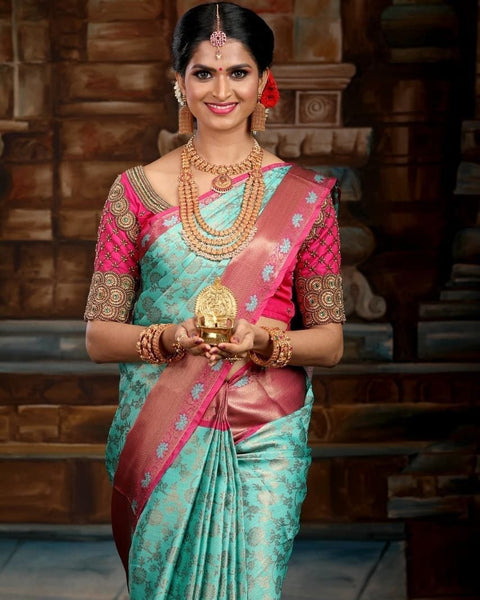 NOZ2TOZ Jacquard Lichi Silk Sky Blue Saree With Unstitched Blouse Piece - Distacart