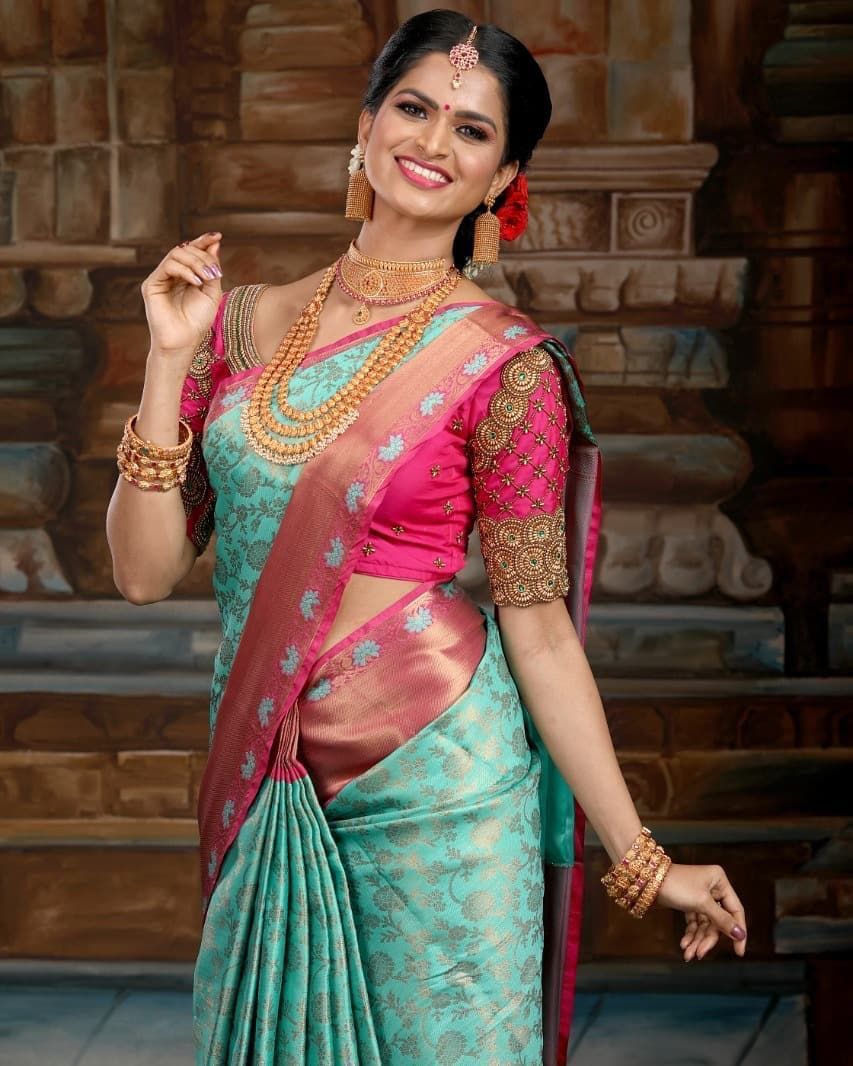 NOZ2TOZ Jacquard Lichi Silk Sky Blue Saree With Unstitched Blouse Piece - Distacart
