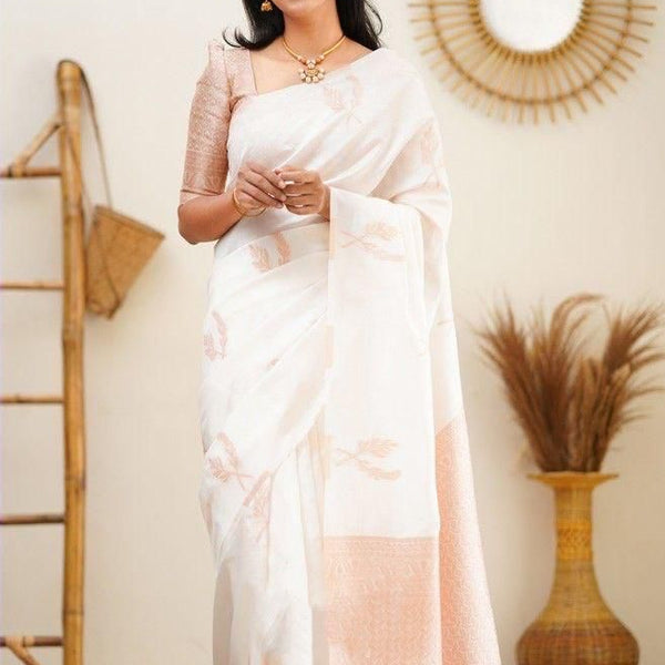 NOZ2TOZ Jacquard Lichi Silk White Saree With Unstitched Blouse Piece - Distacart