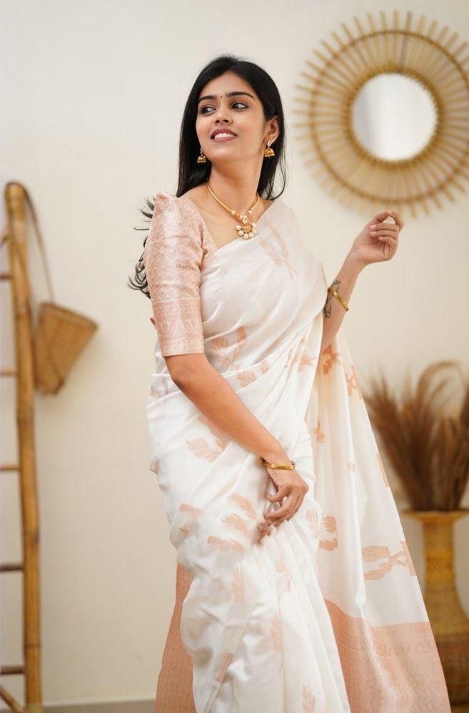 NOZ2TOZ Jacquard Lichi Silk White Saree With Unstitched Blouse Piece - Distacart