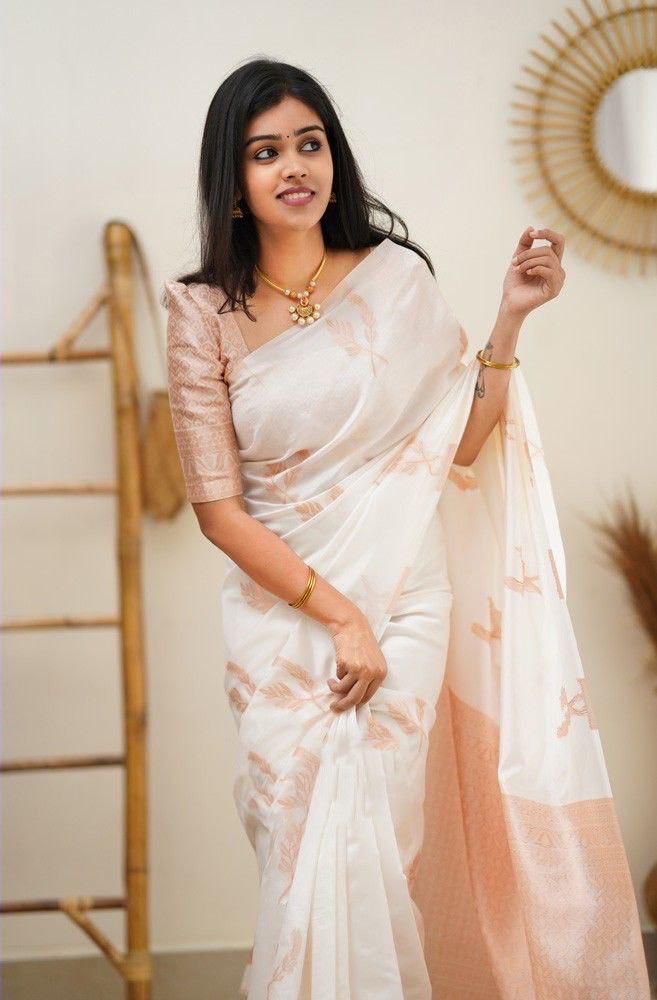NOZ2TOZ Jacquard Lichi Silk White Saree With Unstitched Blouse Piece - Distacart
