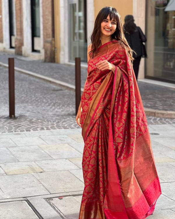 NOZ2TOZ Jacquard Lichi Silk Red Saree With Unstitched Blouse Piece - Distacart