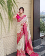 Thumbnail for Malishka Jacquard Lichi Silk Cream Saree With Unstitched Blouse Piece