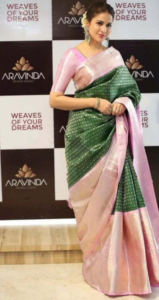 Malishka Jacquard Lichi Silk Green Saree With Unstitched Blouse Piece - Distacart