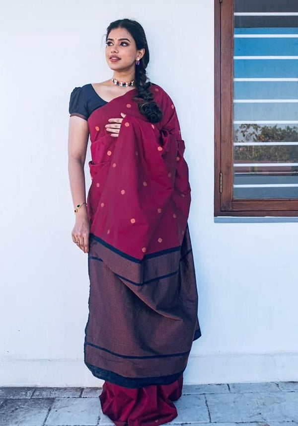 Malishka Jacquard Lichi Silk Maroon Saree With Unstitched Blouse Piece - Distacart