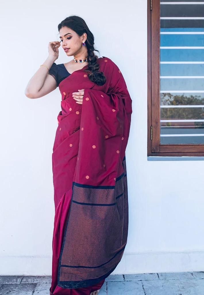 Malishka Jacquard Lichi Silk Maroon Saree With Unstitched Blouse Piece - Distacart