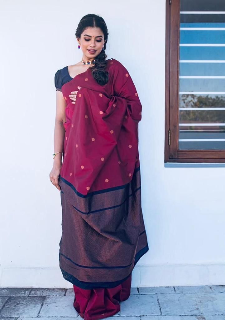Malishka Jacquard Lichi Silk Maroon Saree With Unstitched Blouse Piece - Distacart