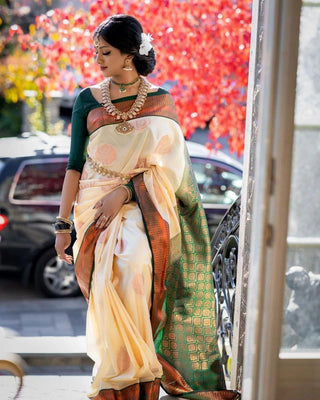 NOZ2TOZ Jacquard Lichi Silk Cream Saree With Unstitched Blouse Piece - Distacart