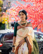 Thumbnail for NOZ2TOZ Jacquard Lichi Silk Cream Saree With Unstitched Blouse Piece - Distacart