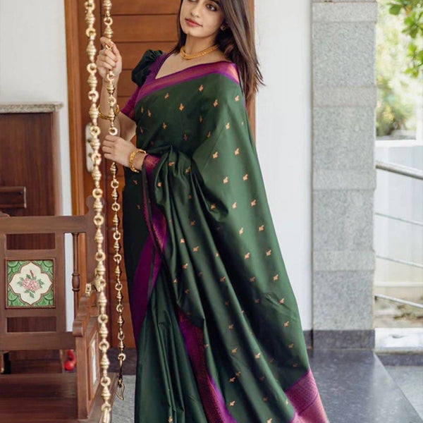NOZ2TOZ Jacquard Lichi Silk Green Saree With Unstitched Blouse Piece - Distacart