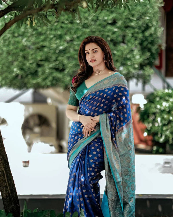 NOZ2TOZ Jacquard Lichi Silk Blue Saree With Unstitched Blouse Piece - Distacart