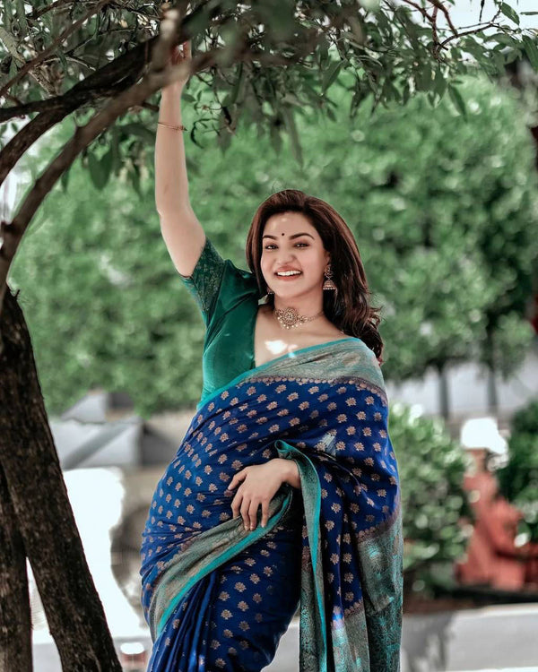 NOZ2TOZ Jacquard Lichi Silk Blue Saree With Unstitched Blouse Piece - Distacart