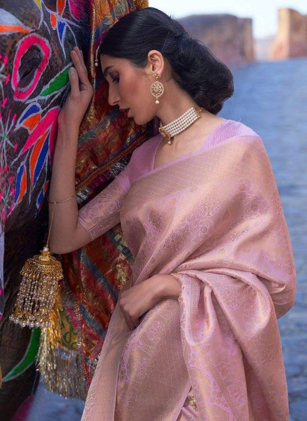 Malishka Jacquard Lichi Silk Pink Saree With Unstitched Blouse Piece - Distacart