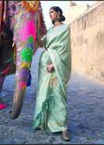 Thumbnail for Malishka Jacquard Lichi Silk Pista Saree With Unstitched Blouse Piece - Distacart
