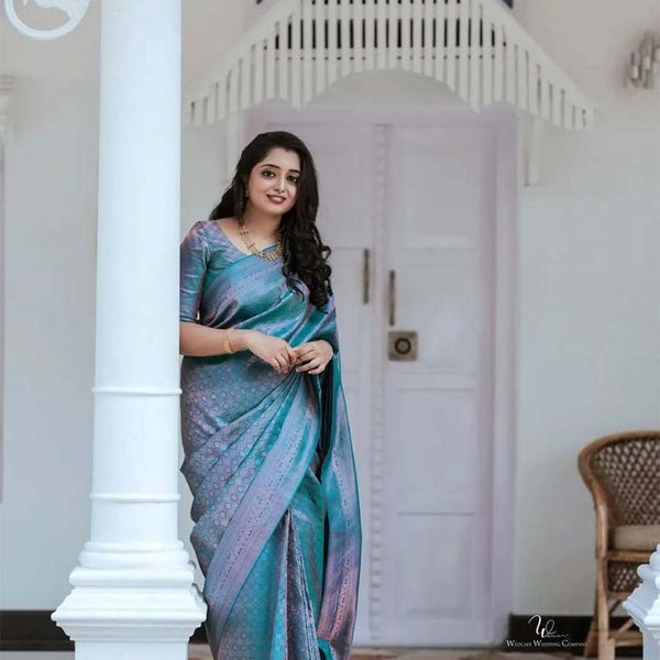 NOZ2TOZ Jacquard Lichi Silk Sky Blue Saree With Unstitched Blouse Piece - Distacart