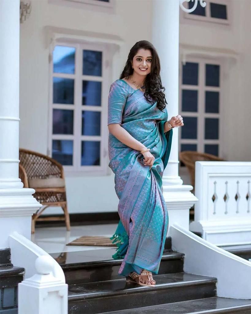 NOZ2TOZ Jacquard Lichi Silk Sky Blue Saree With Unstitched Blouse Piece - Distacart
