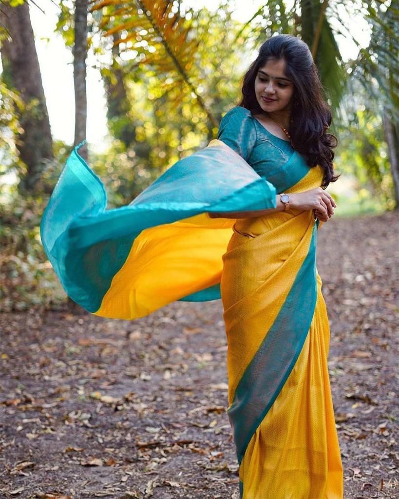 NOZ2TOZ Jacquard Lichi Silk Yellow Saree With Unstitched Blouse Piece - Distacart