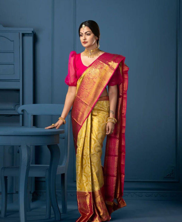 NOZ2TOZ Jacquard Lichi Silk Yellow Saree With Unstitched Blouse Piece - Distacart