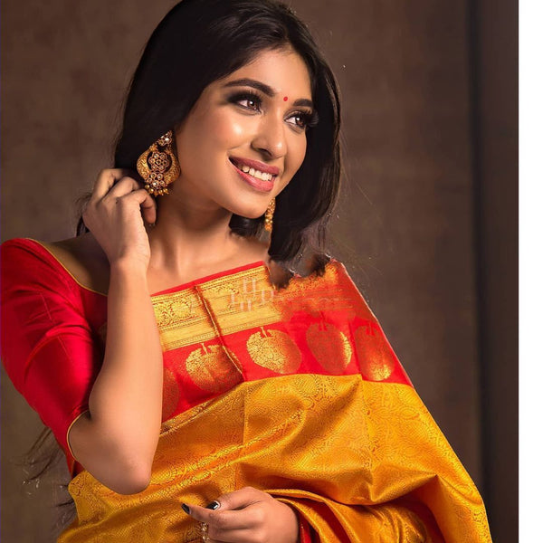 NOZ2TOZ Jacquard Lichi Silk Yellow Saree With Unstitched Blouse Piece - Distacart