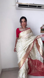 Thumbnail for NOZ2TOZ Jacquard Linen Slub White Saree With Unstitched Blouse Piece - Distacart