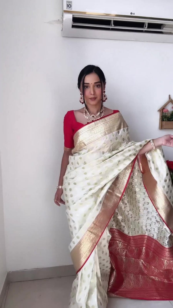 NOZ2TOZ Jacquard Linen Slub White Saree With Unstitched Blouse Piece - Distacart
