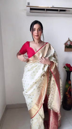 Thumbnail for NOZ2TOZ Jacquard Linen Slub White Saree With Unstitched Blouse Piece - Distacart