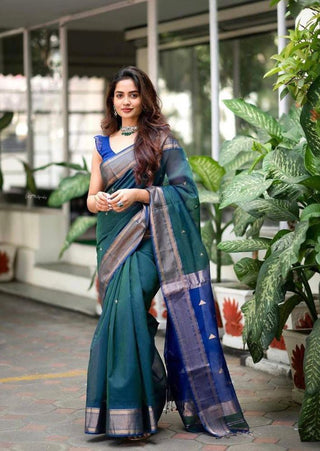 Malishka Jacquard Lichi Silk Teal Saree With Unstitched Blouse Piece - Distacart