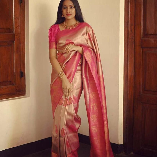 NOZ2TOZ Jacquard Lichi Silk Pink Saree With Unstitched Blouse Piece - Distacart