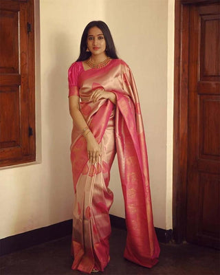 NOZ2TOZ Jacquard Lichi Silk Pink Saree With Unstitched Blouse Piece - Distacart